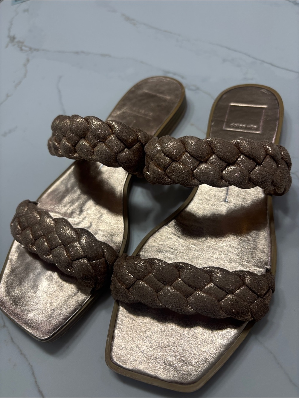 Dolce Vita Metallic Braided Double-Strap Slide Sandals - Bronze